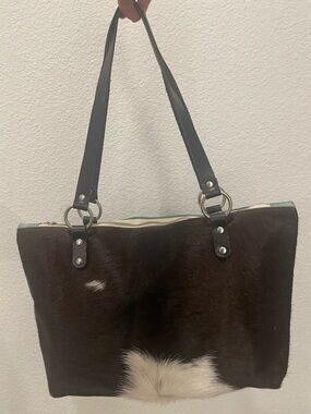 Handheld Cowhide Tote Bag in Dark Brown and White